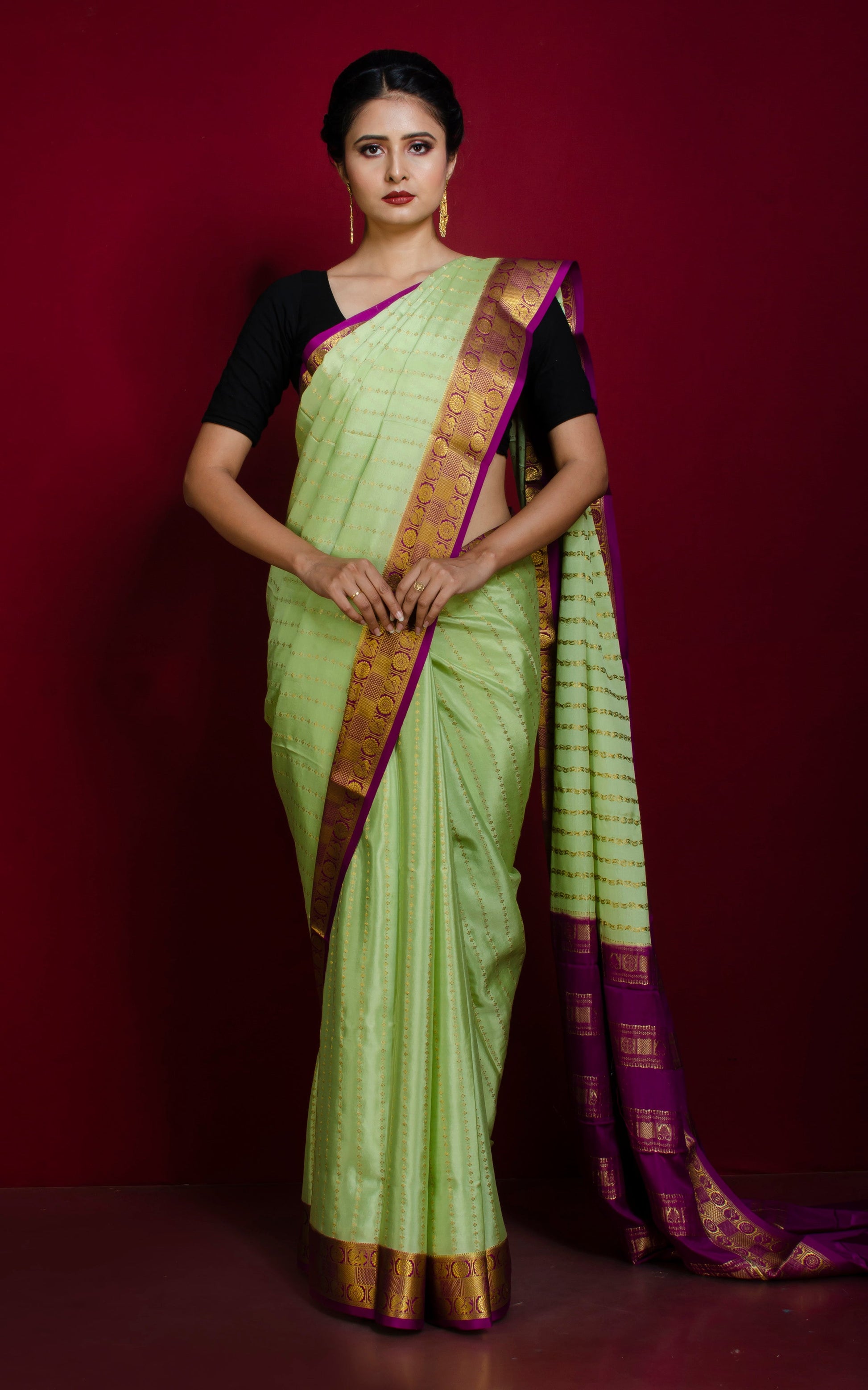 Soft Mysore Crepe Pure Silk Kanchipuram Saree in Tea Green, Cotton Dark Purple and Gold