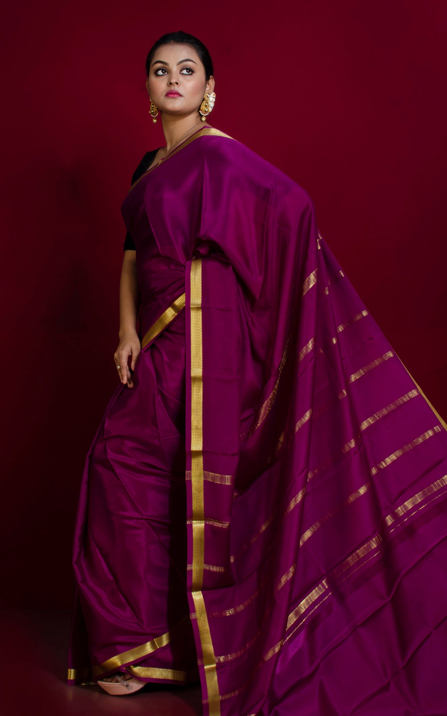 Mysore Crepe Pure Silk Saree in Imperial Purple and Gold