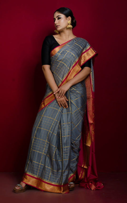 Soft Mysore Crepe Pure Silk Woven Checks In Checks Saree in Slate Grey, Maroon and Gold