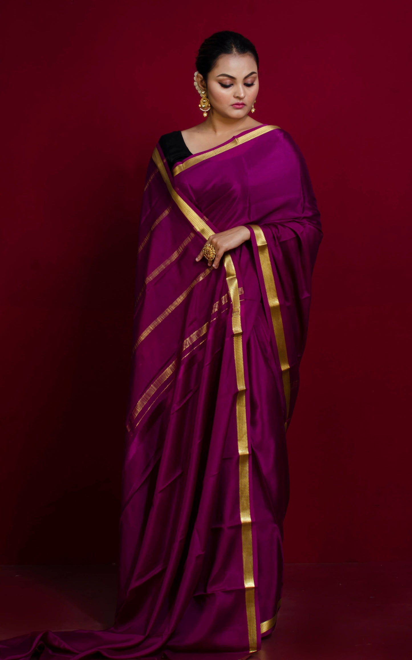 Mysore Crepe Pure Silk Saree in Imperial Purple and Gold