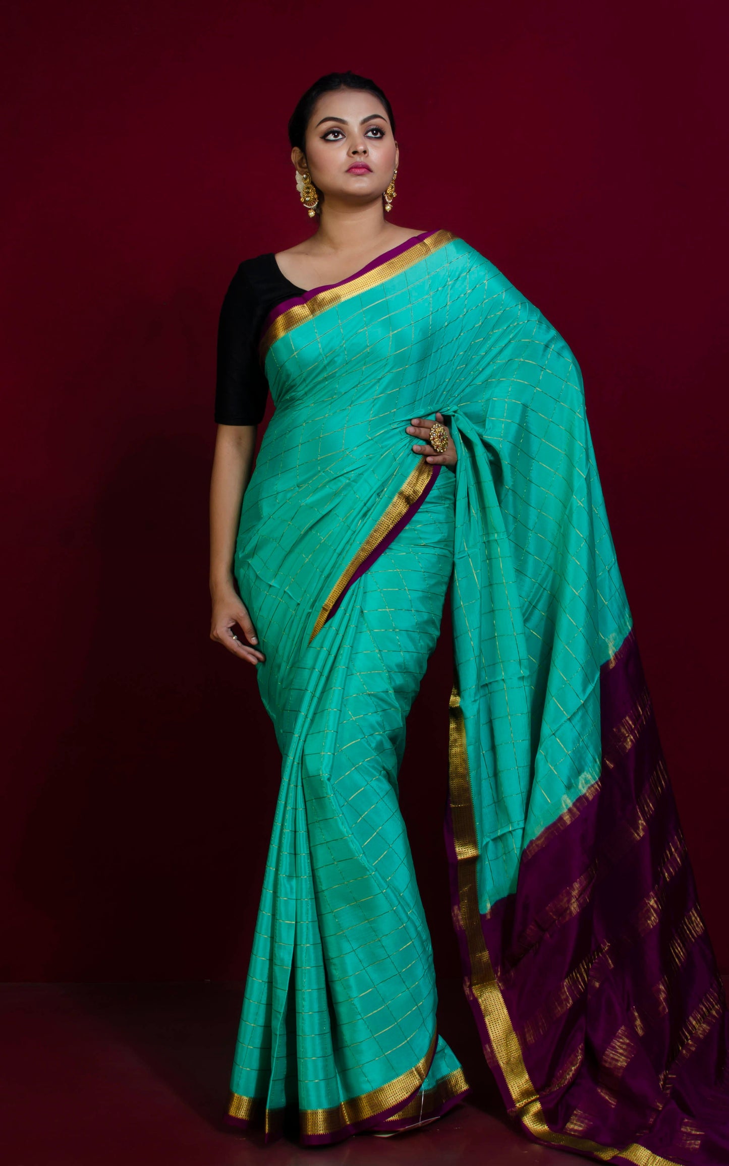 Soft Mysore Crepe Pure Silk Woven Checks Saree in Turquoise, Cotton Dark Purple and Gold