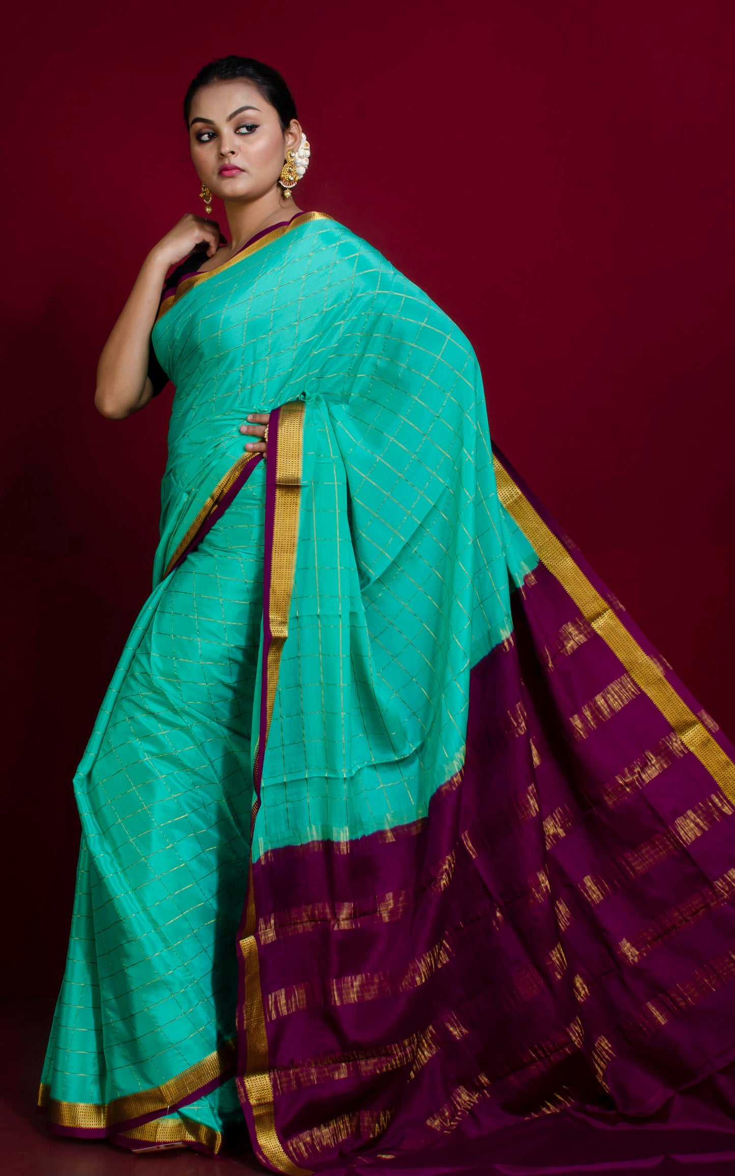 Soft Mysore Crepe Pure Silk Woven Checks Saree in Turquoise, Cotton Dark Purple and Gold