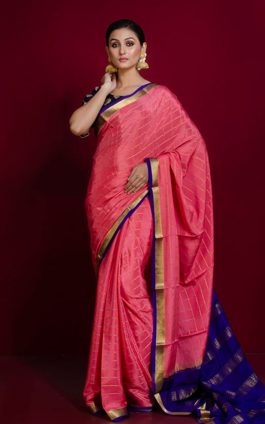 Soft Mysore Crepe Pure Silk Woven Checks Saree in Strawberry Pink, Royal Blue and Gold