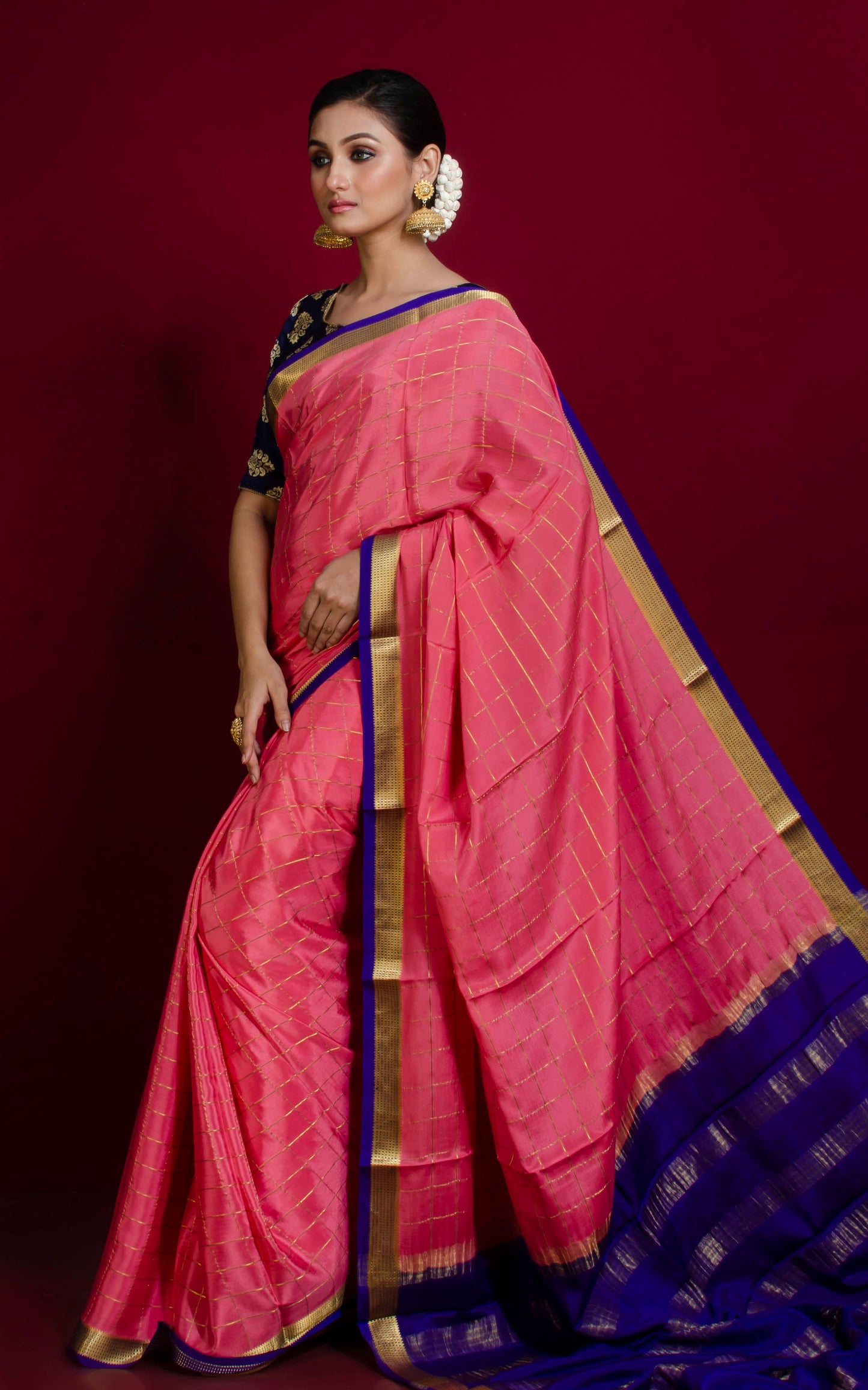 Soft Mysore Crepe Pure Silk Woven Checks Saree in Strawberry Pink, Royal Blue and Gold