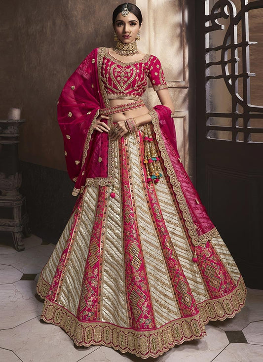 Pink, Off white Banarasi Silk Embroidered Umbrella Bridal Lehenga