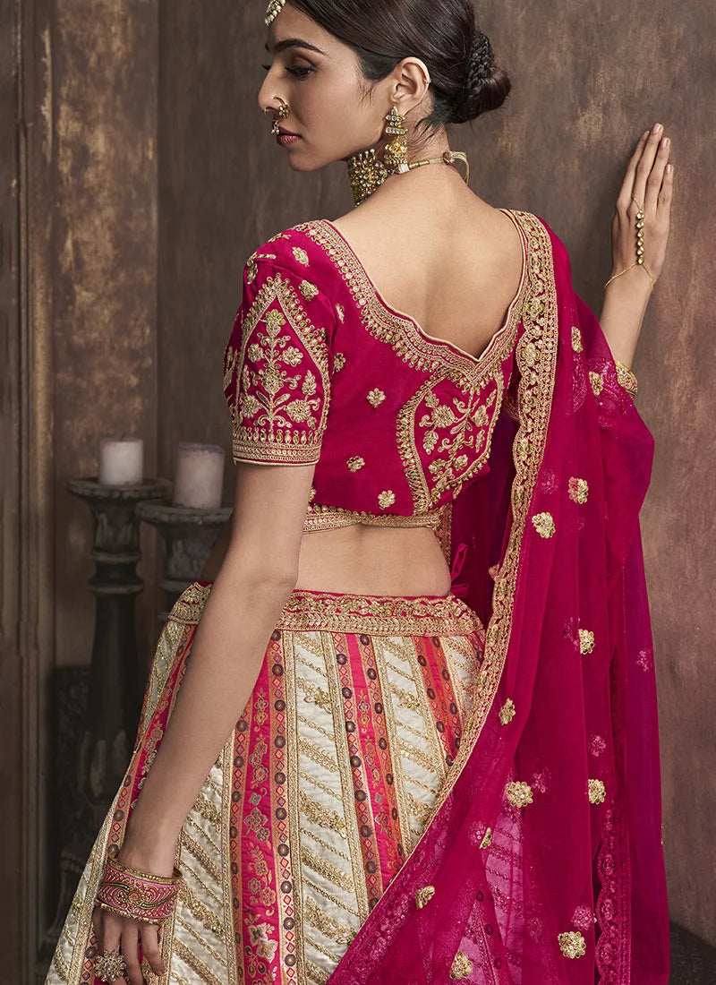 Pink, Off white Banarasi Silk Embroidered Umbrella Bridal Lehenga