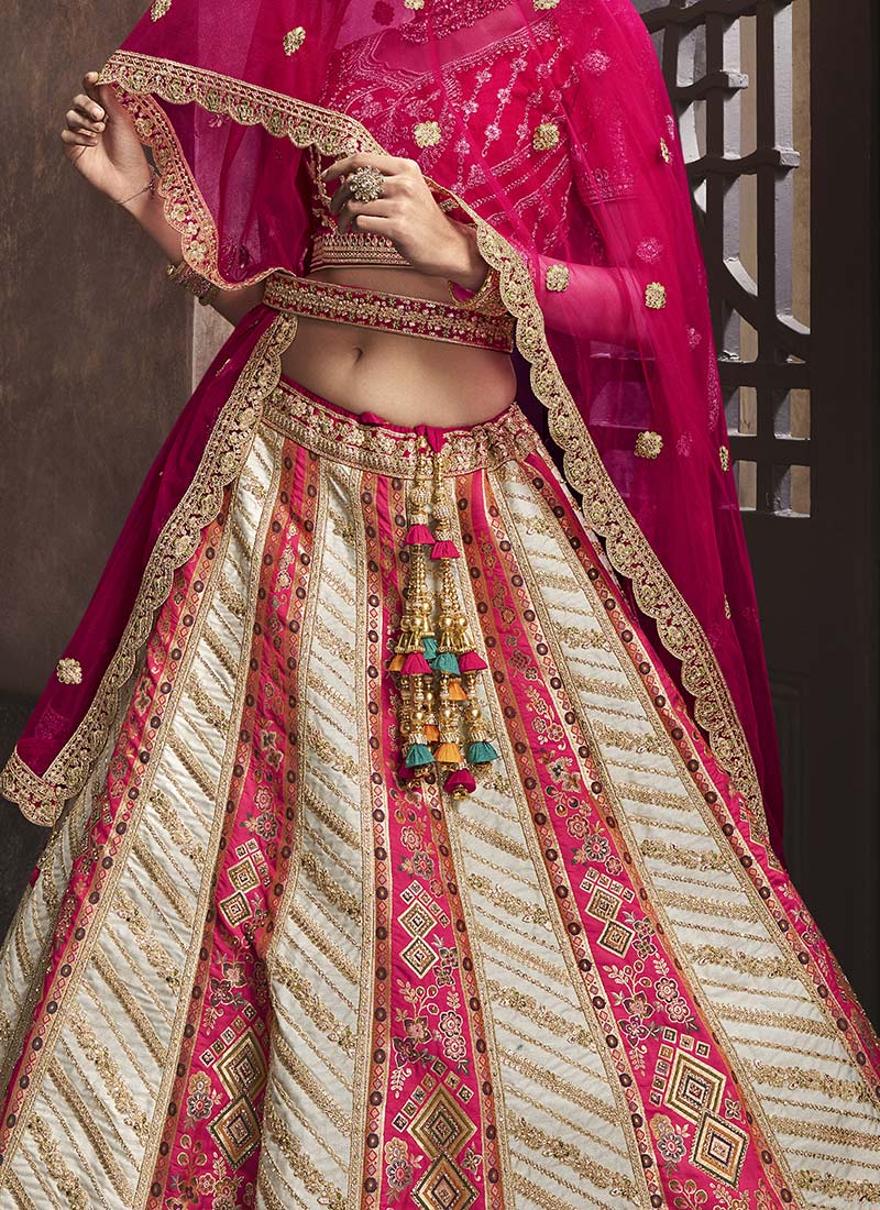 Pink, Off white Banarasi Silk Embroidered Umbrella Bridal Lehenga