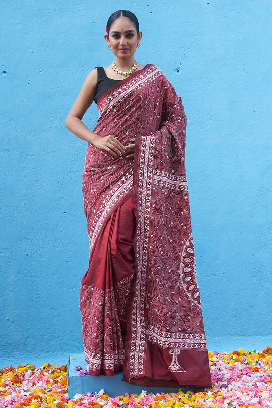 Handloom Burgundy Red Pure Silk Kantha Saree