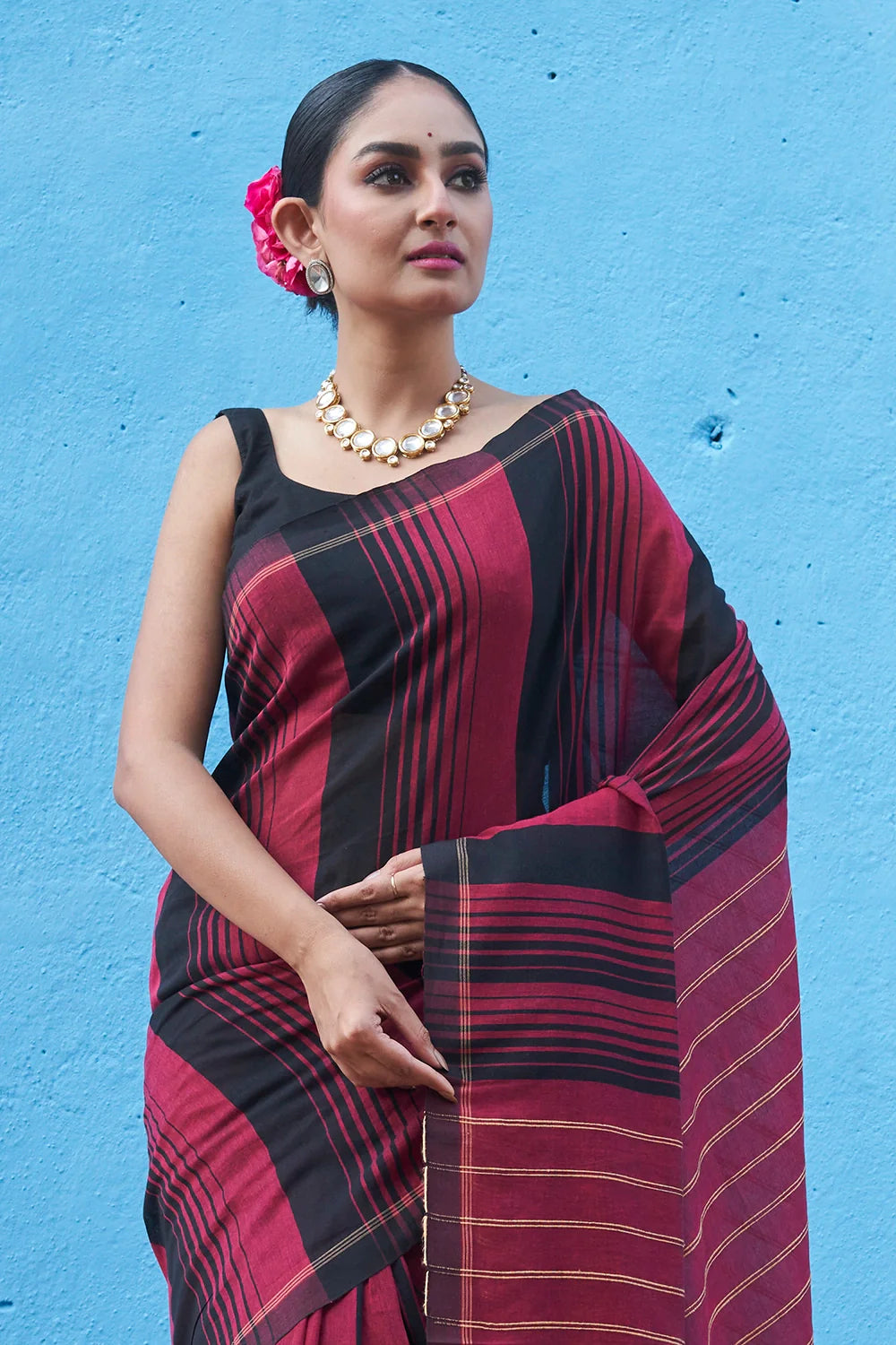 Handloom Maron & Black Mul Cotton Saree