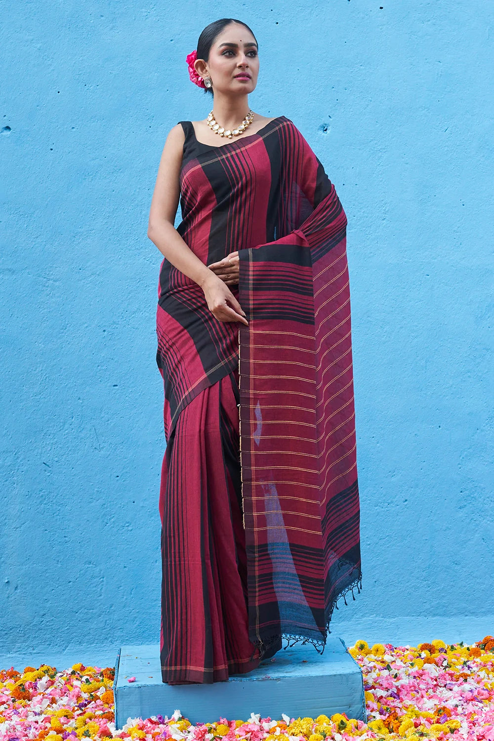 Handloom Maron & Black Mul Cotton Saree