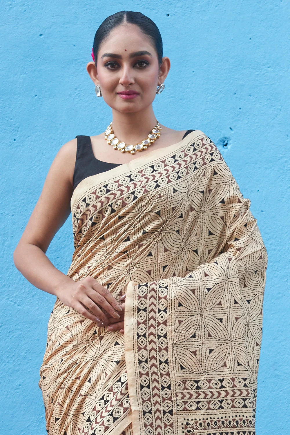 Handloom Tan Brown Pure Silk Kantha Saree