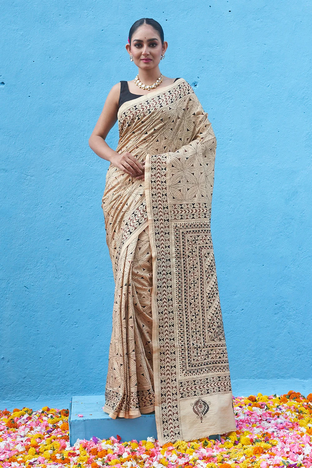 Handloom Tan Brown Pure Silk Kantha Saree