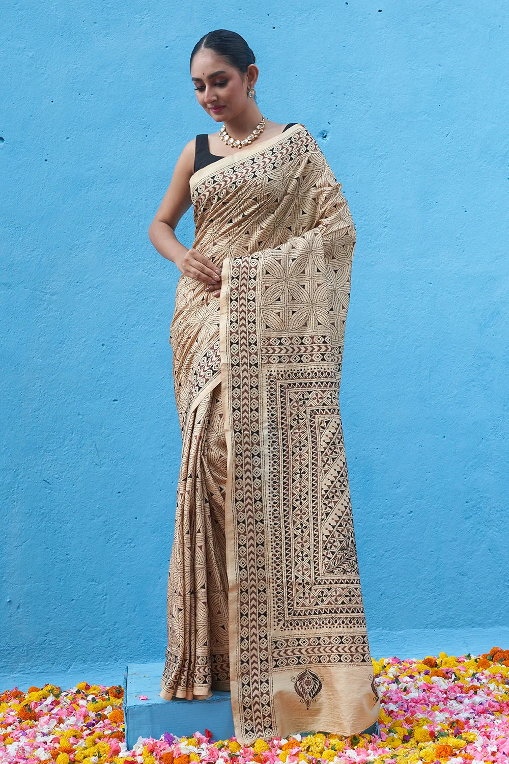 Handloom Tan Brown Pure Silk Kantha Saree