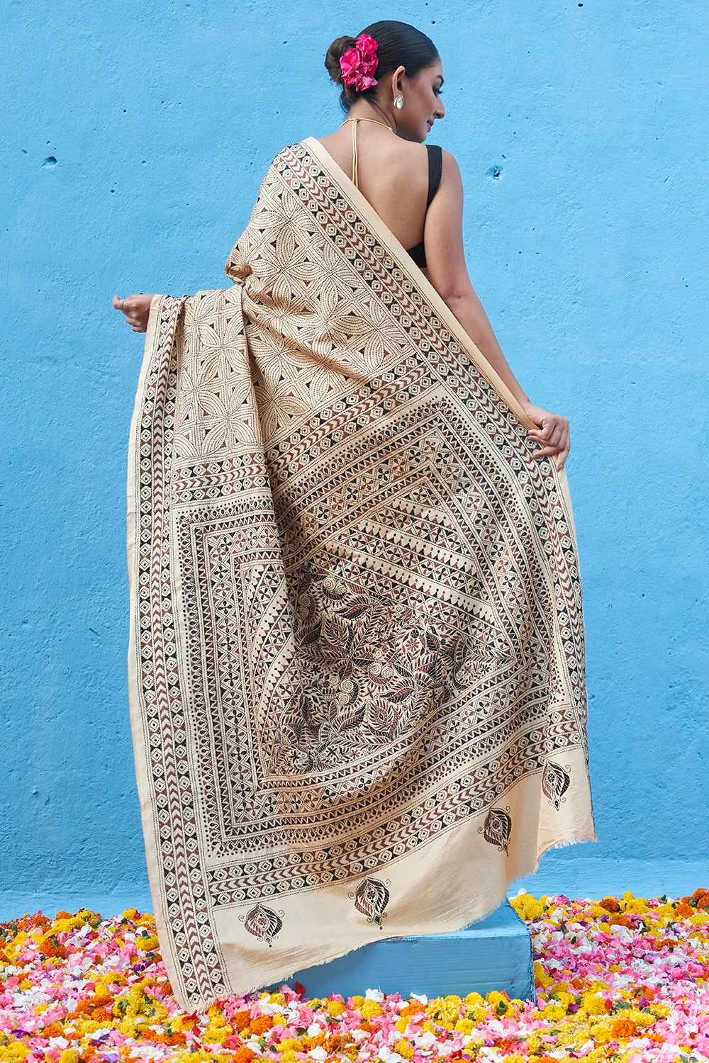 Handloom Tan Brown Pure Silk Kantha Saree