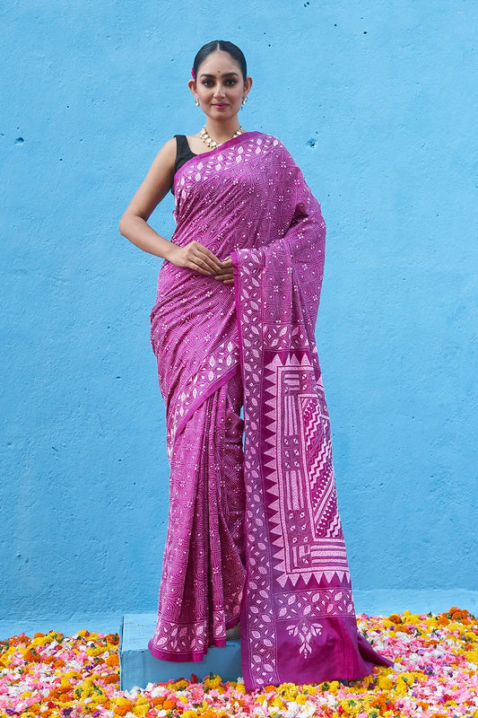 Handloom Mulberry Pink Pure Silk Kantha Saree