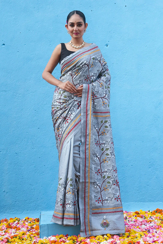 Handloom Grey Pure Silk Floral Kantha Saree