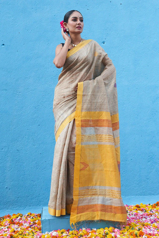 Handloom Yellow Multi Colour Pure Tussar Silk Saree