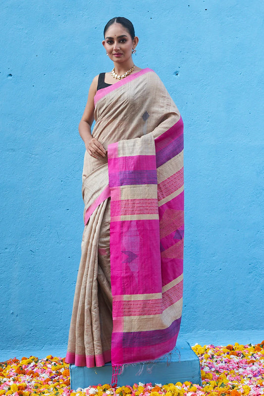 Handloom Pink Multi Colour Pure Tussar Silk Saree