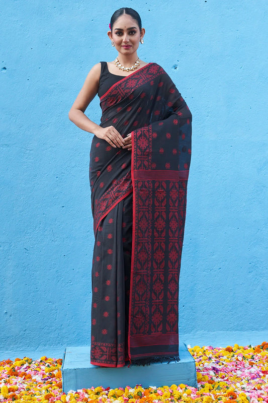 Handloom Black & Red Soft Cotton Jamdani