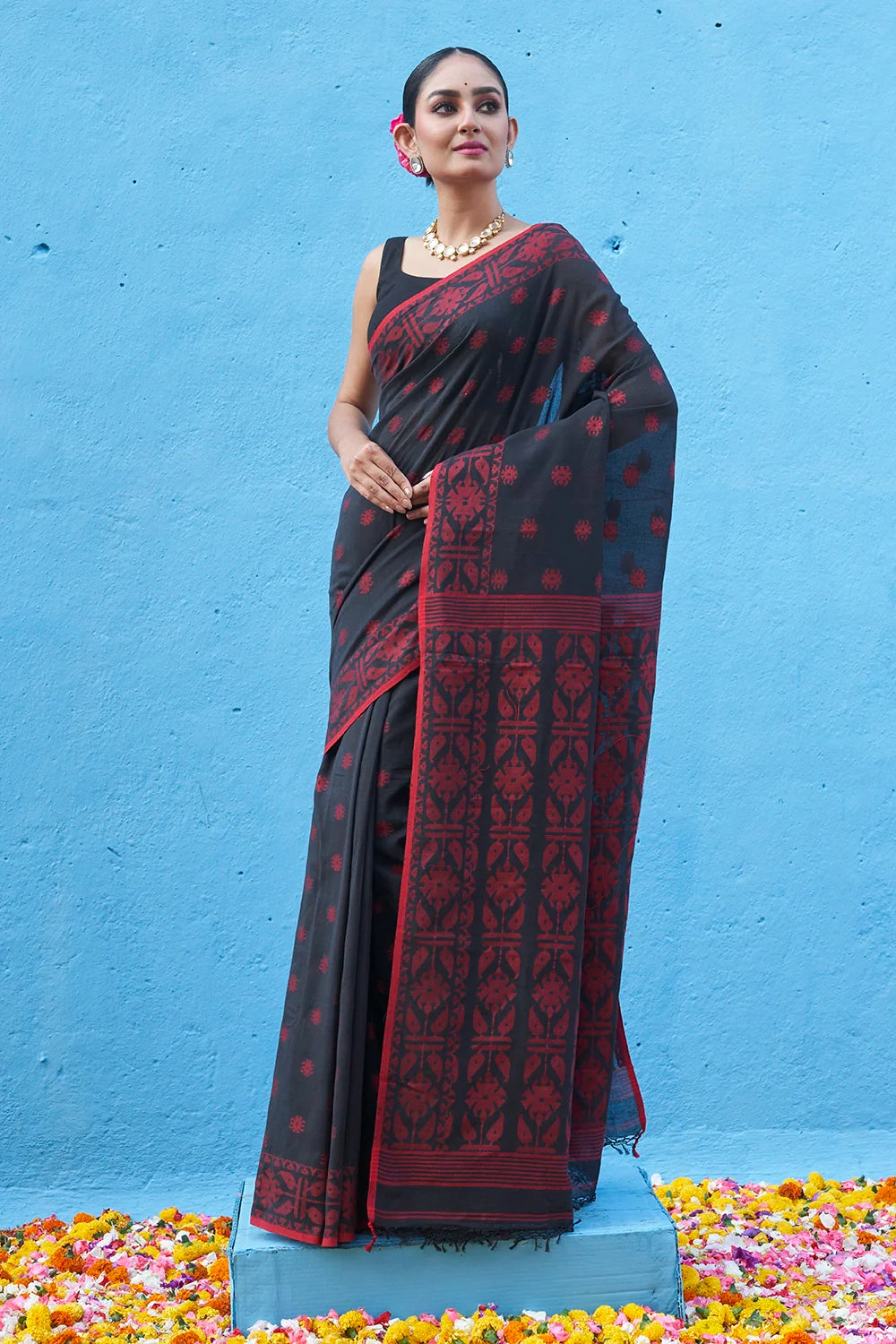 Handloom Black & Red Soft Cotton Jamdani