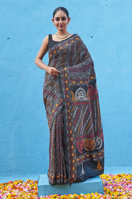 Handloom Black Muti Colour Pure Silk Kantha Saree