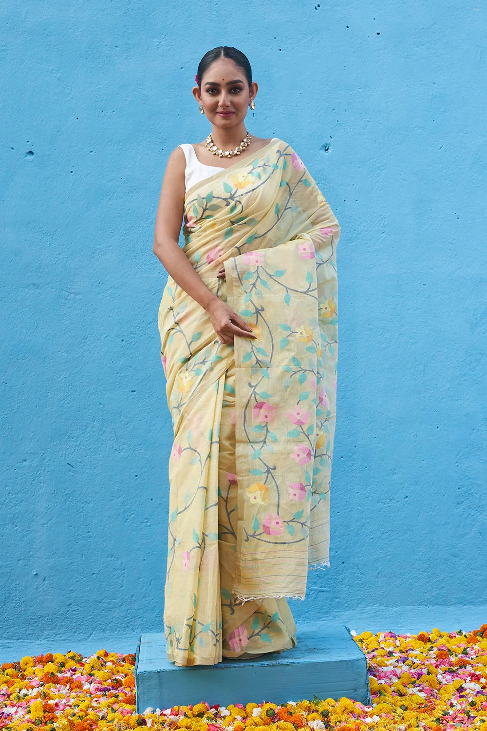 Handloom Pastel Yellow Multi Colour Floral Jamdani Pure Cotton Saree