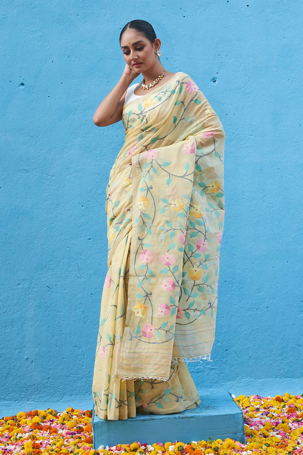 Handloom Pastel Yellow Multi Colour Floral Jamdani Pure Cotton Saree