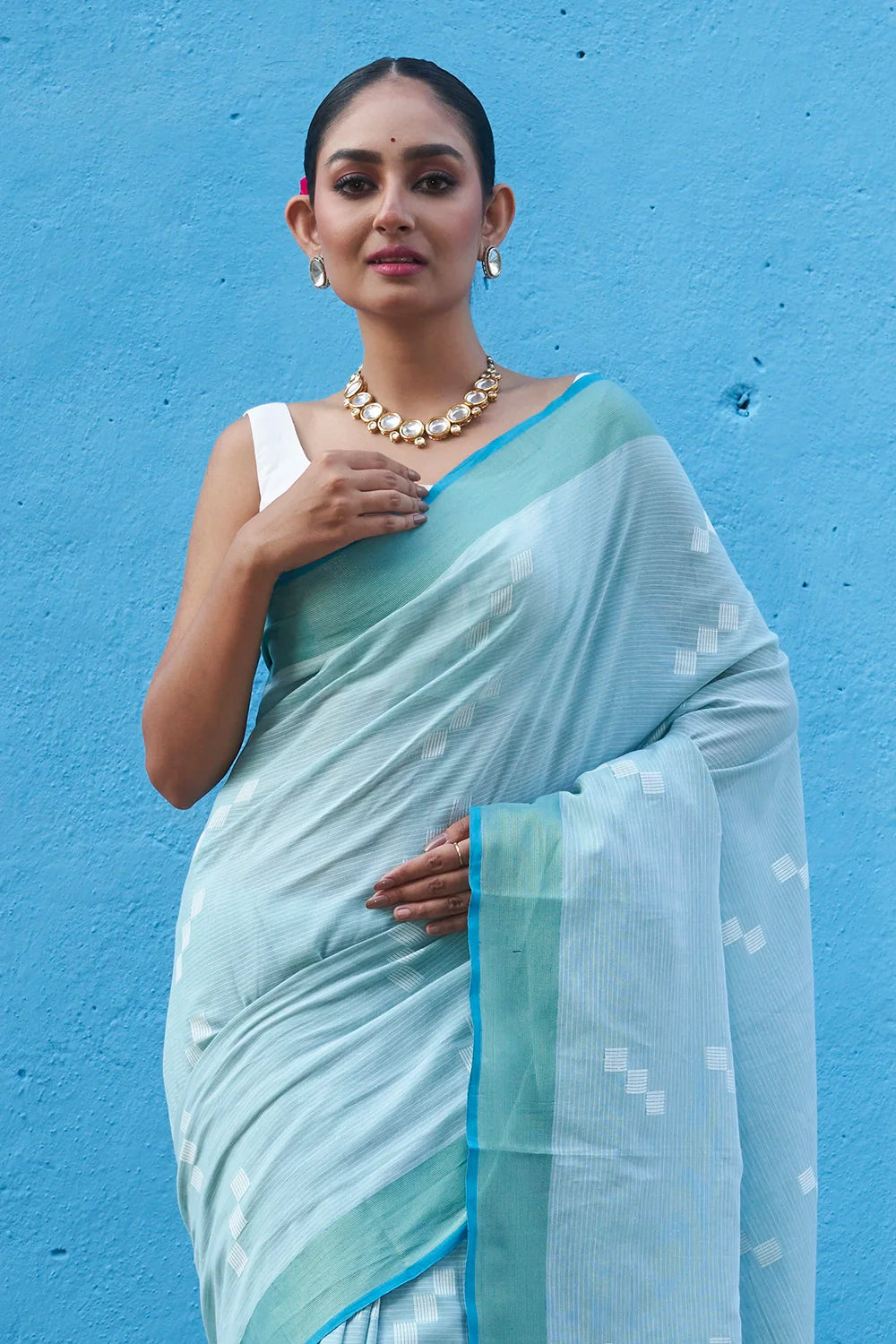 Handloom Sky Blue Soft Cotton Saree With Zari Border