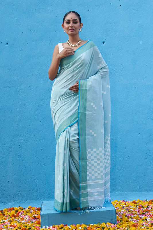 Handloom Sky Blue Soft Cotton Saree With Zari Border