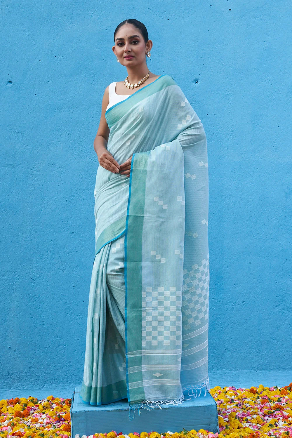 Handloom Sky Blue Soft Cotton Saree With Zari Border