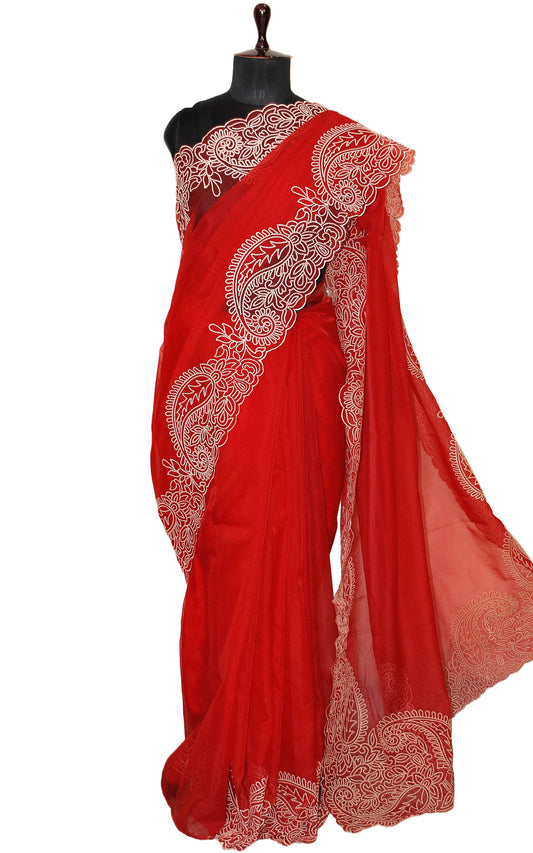 Designer Organza Silk with Embroidery Work in Bright Red and Powder White