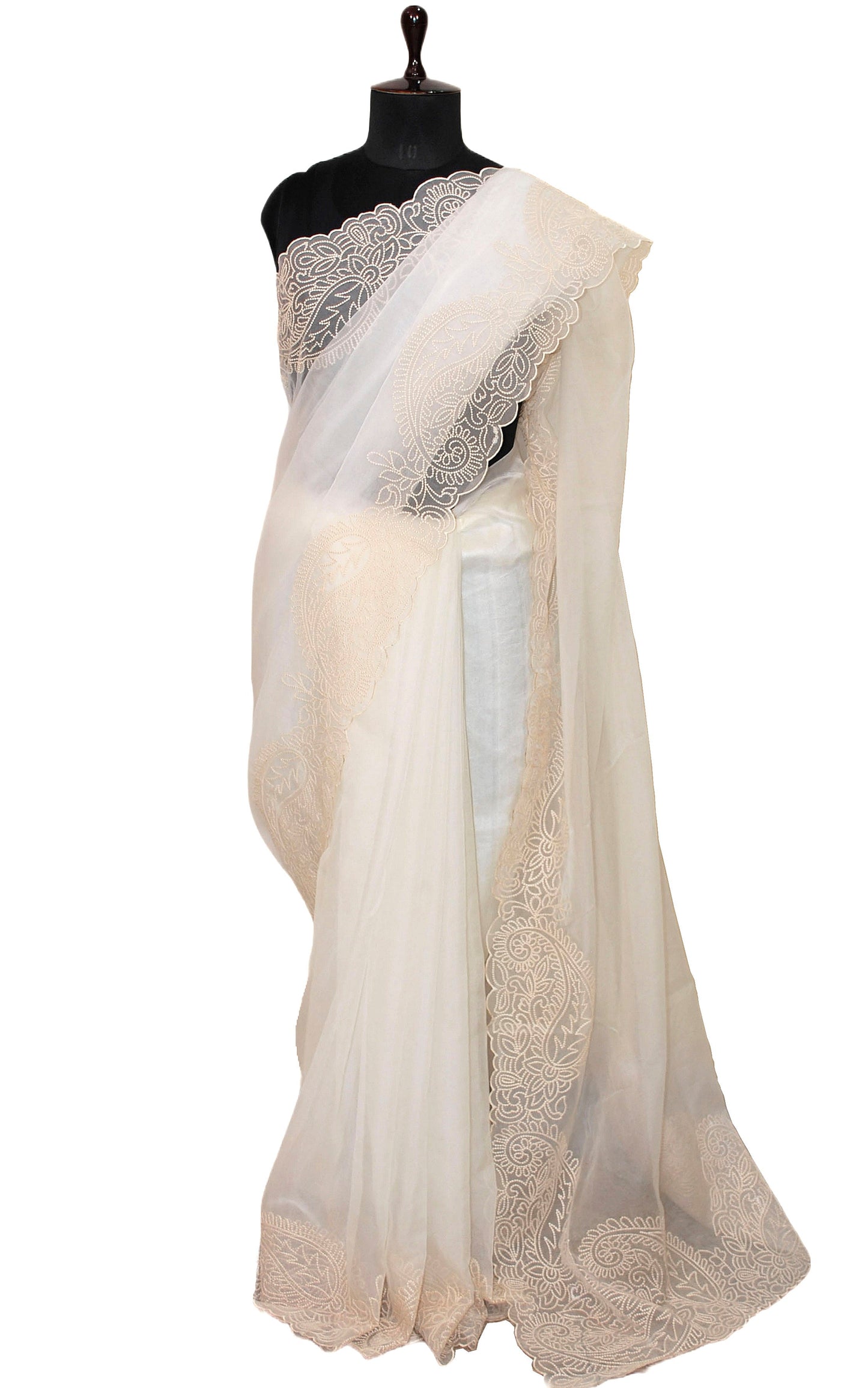 Designer Organza Silk with Embroidery Work in Off White and Powder White