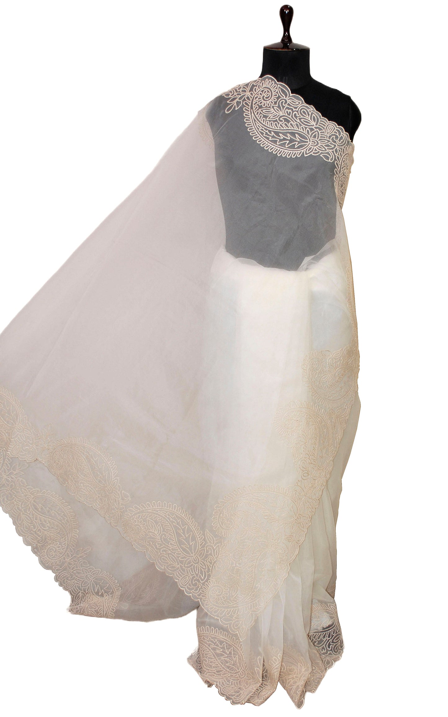 Designer Organza Silk with Embroidery Work in Off White and Powder White