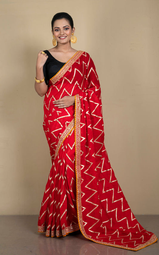 Designer Organza Georgette Zardozi Saree in Amaranth Red, Orange and Muted Golden