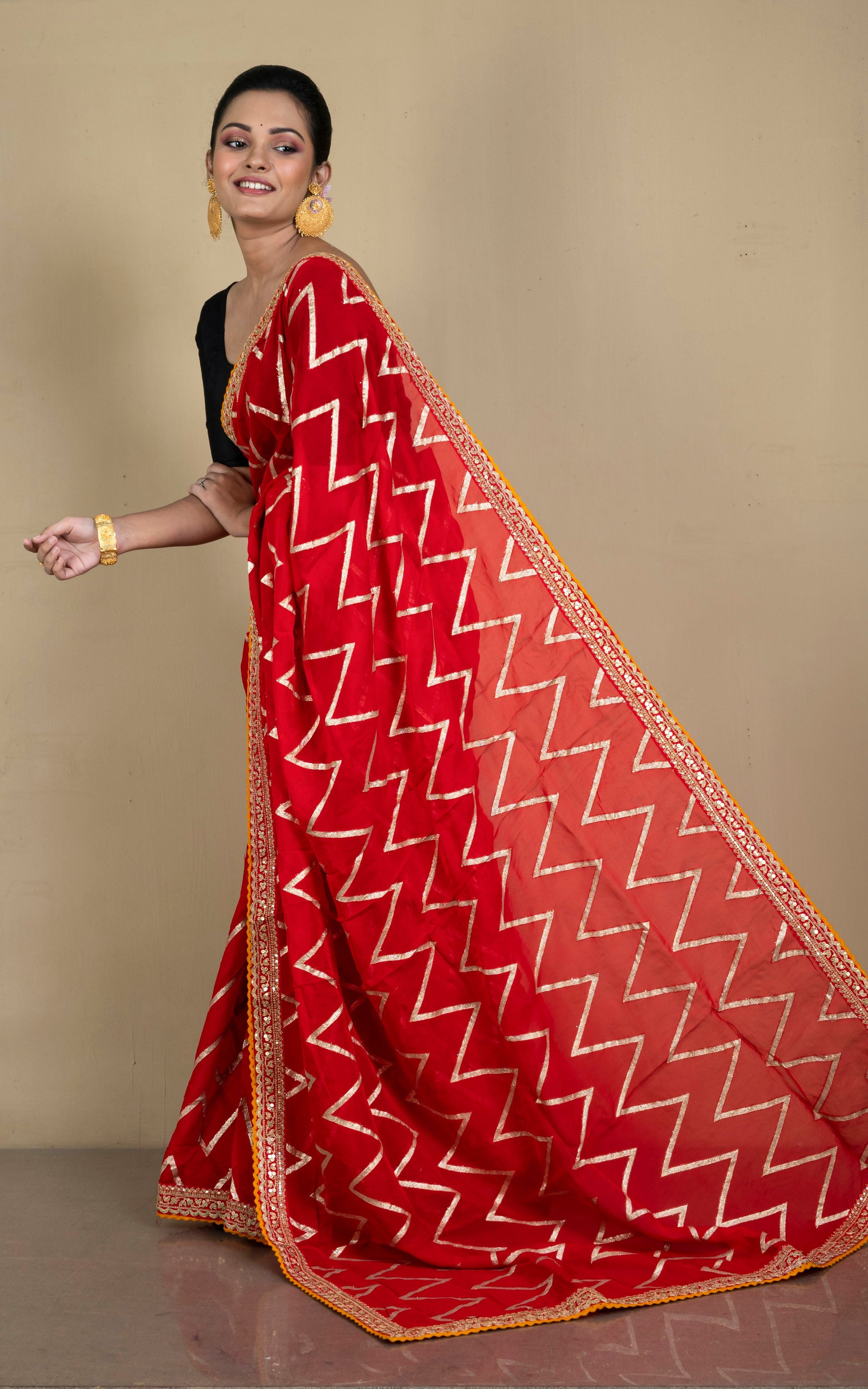 Designer Organza Georgette Zardozi Saree in Amaranth Red, Orange and Muted Golden