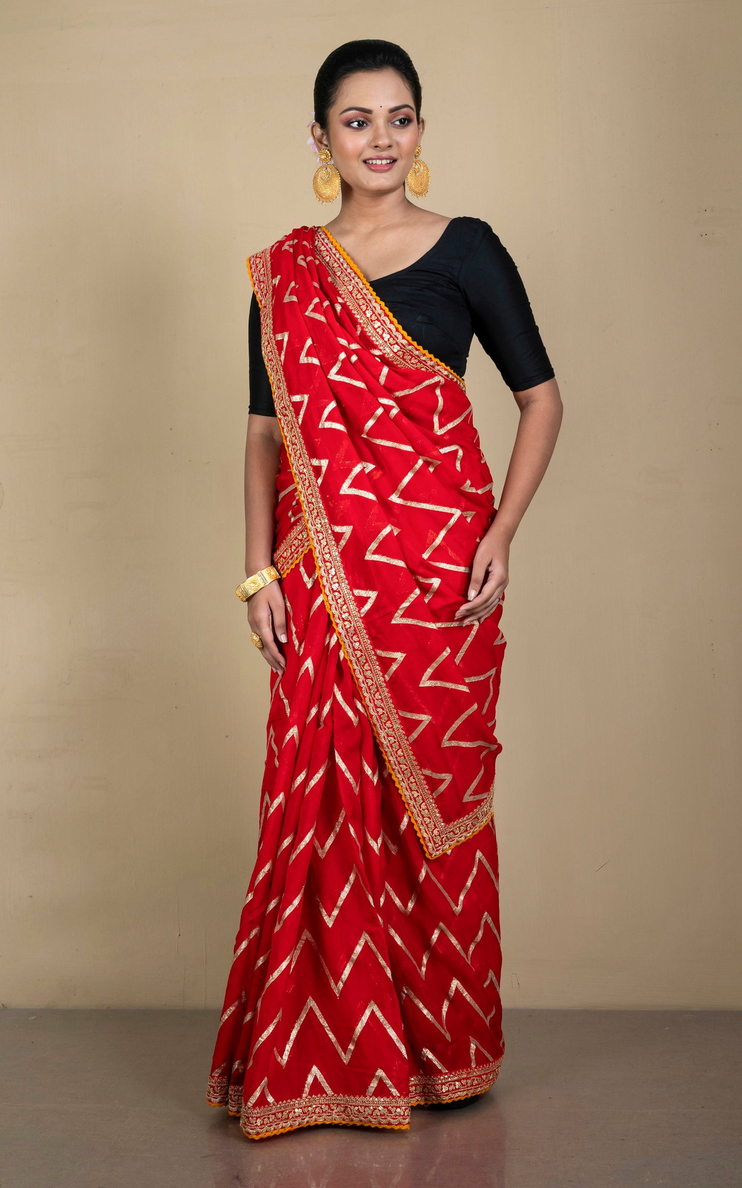 Designer Organza Georgette Zardozi Saree in Amaranth Red, Orange and Muted Golden