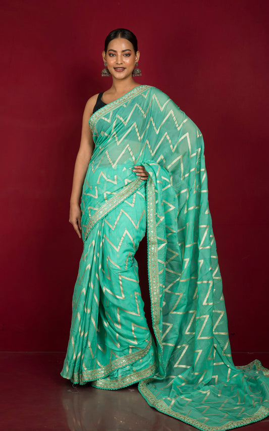 Designer Organza Georgette Zardozi Saree in Mint Green and Muted Golden