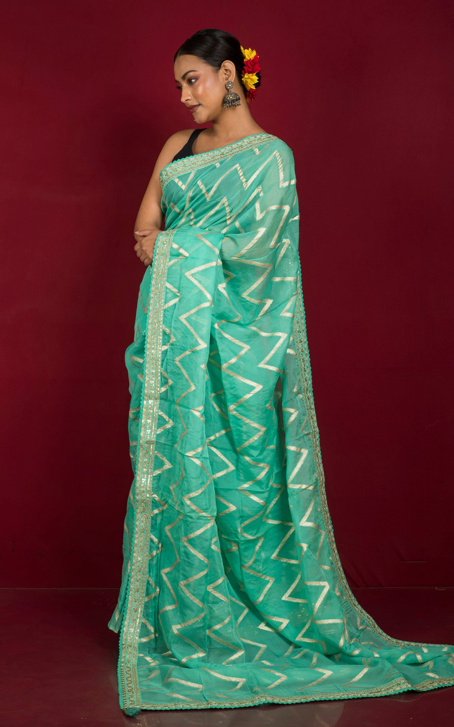 Designer Organza Georgette Zardozi Saree in Mint Green and Muted Golden