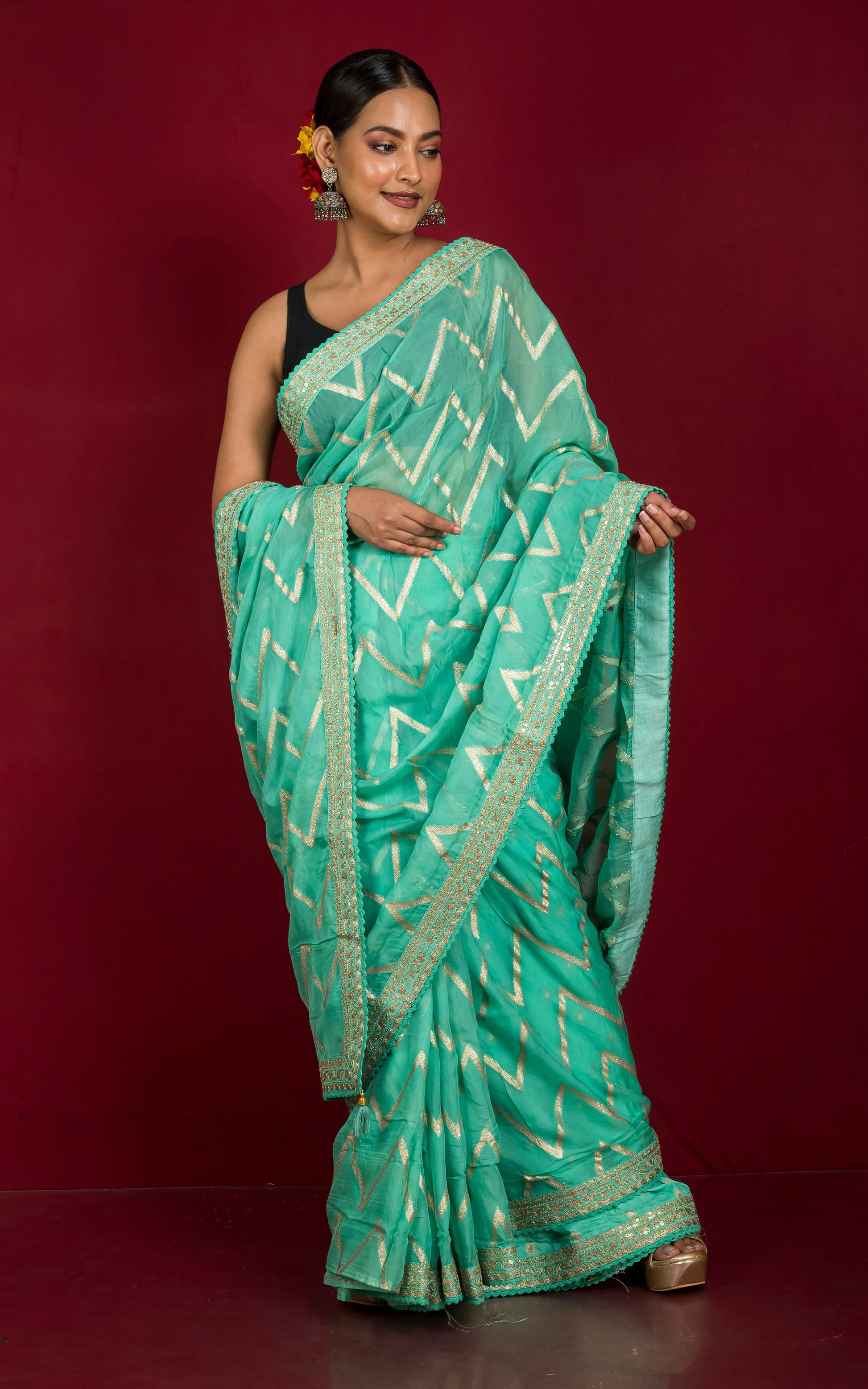 Designer Organza Georgette Zardozi Saree in Mint Green and Muted Golden