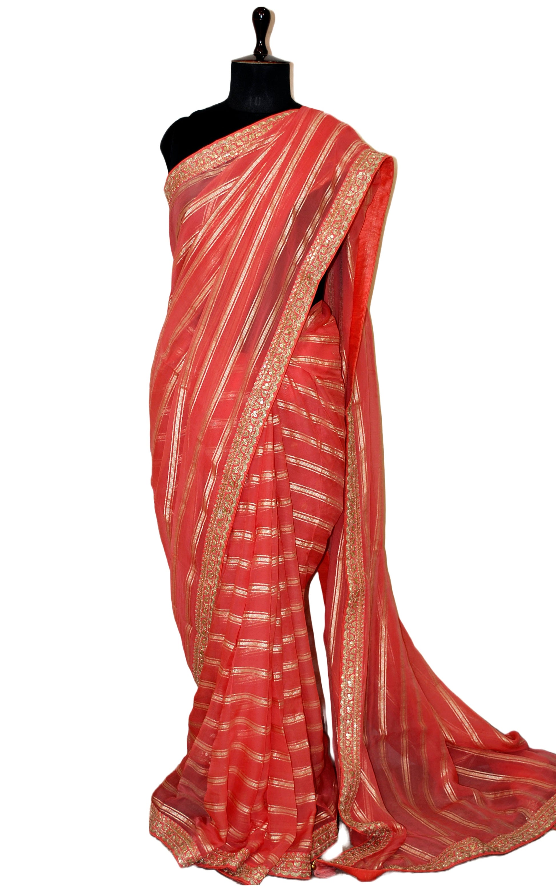 Organza Georgette Designer Saree in Georgian Peach and Antique Gold