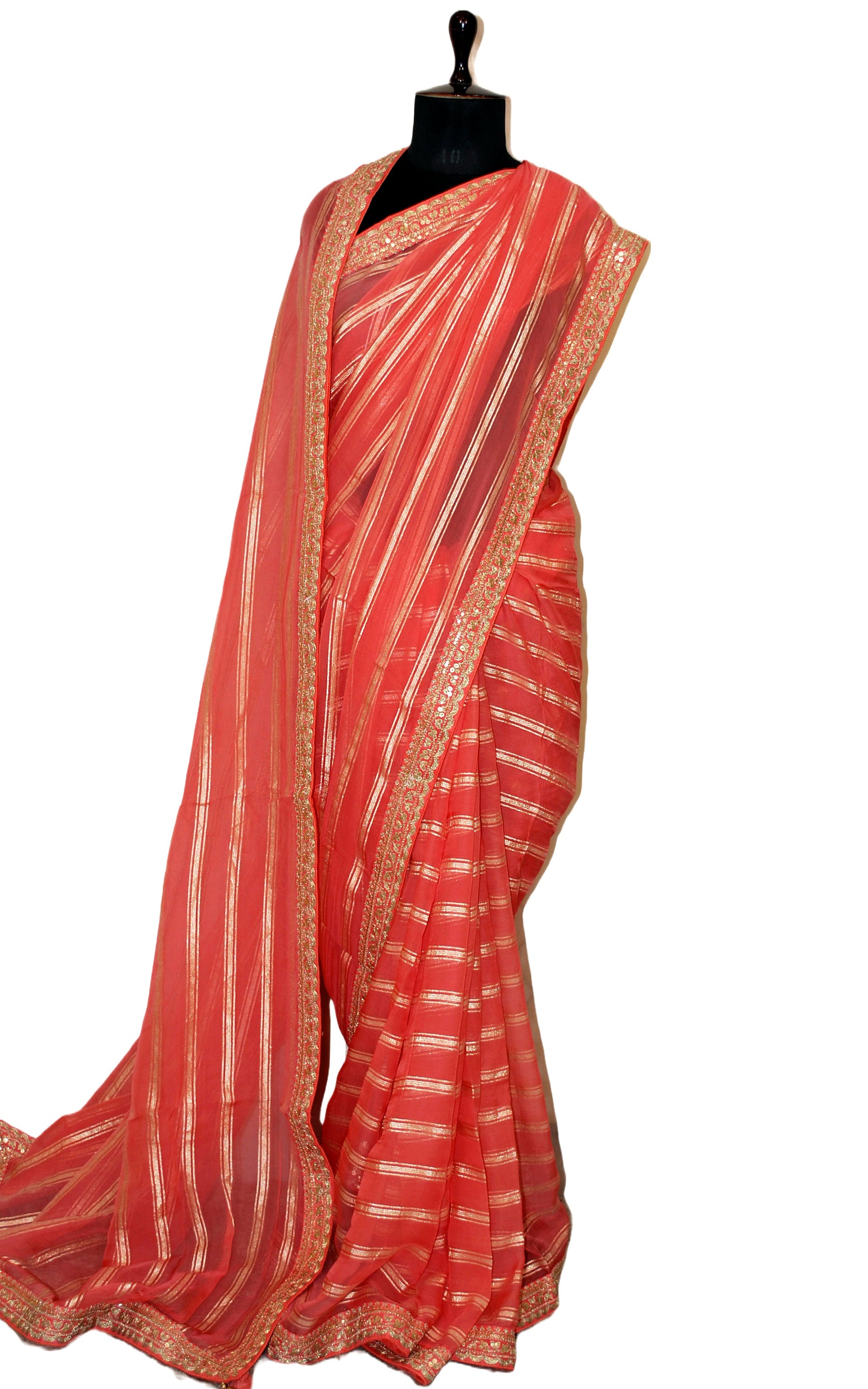 Organza Georgette Designer Saree in Georgian Peach and Antique Gold