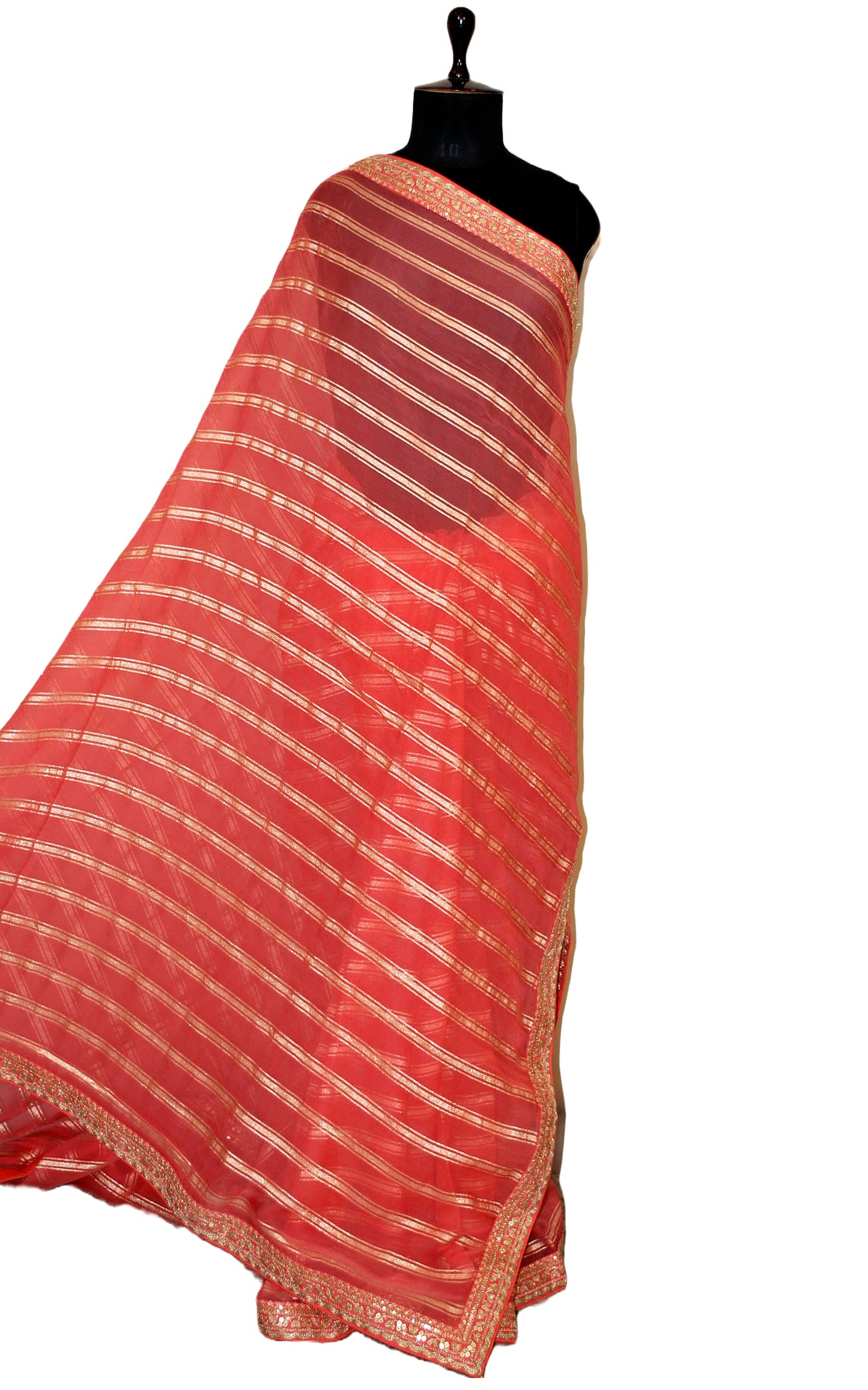 Organza Georgette Designer Saree in Georgian Peach and Antique Gold