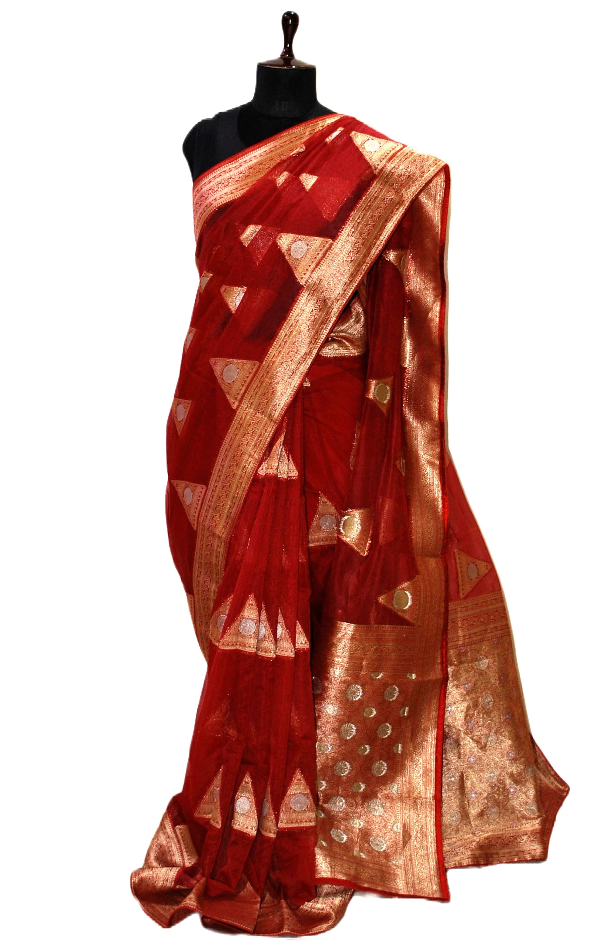 Organza Silk Banarasi Saree in Maroon, Silver and Muted Gold