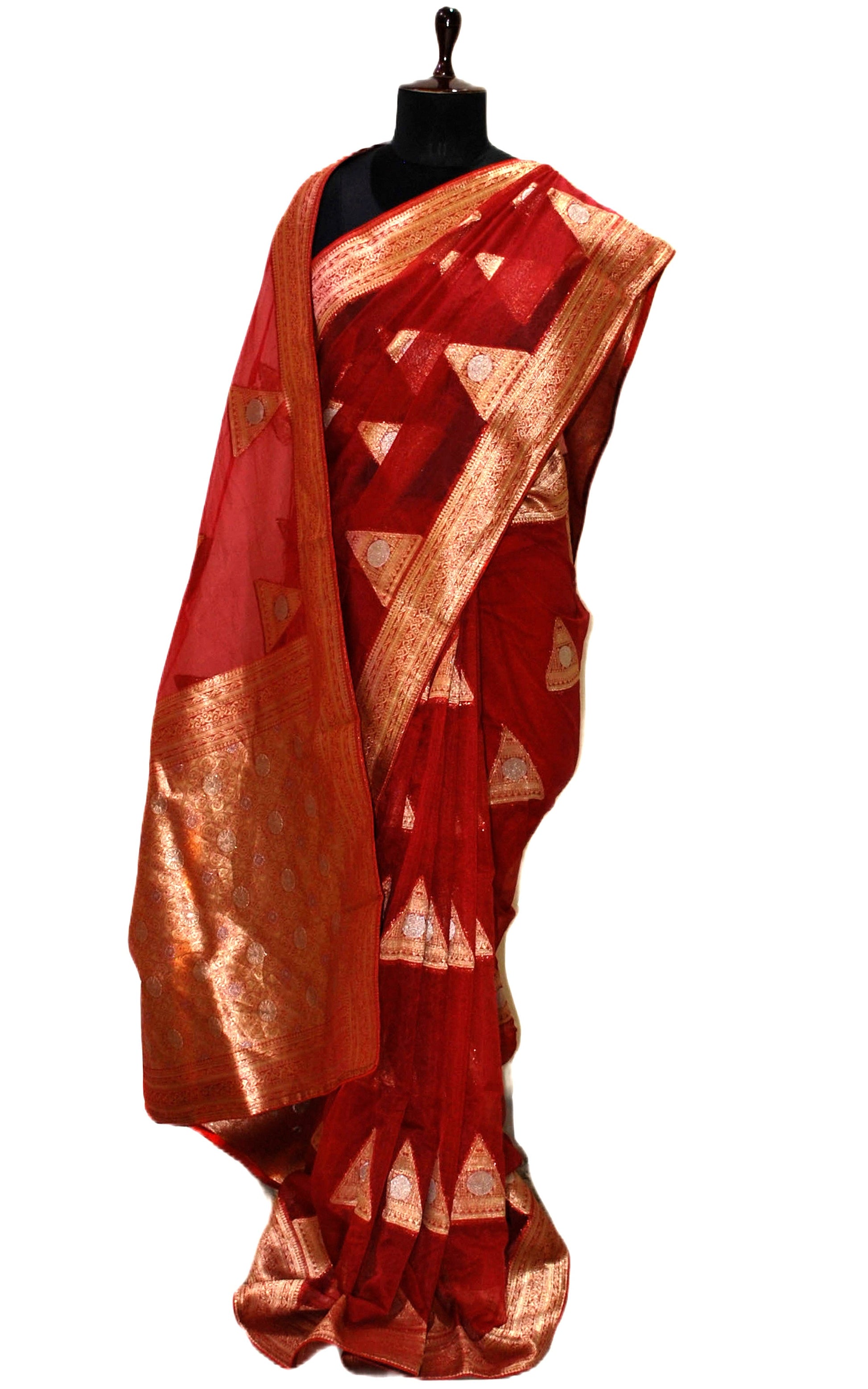 Organza Silk Banarasi Saree in Maroon, Silver and Muted Gold