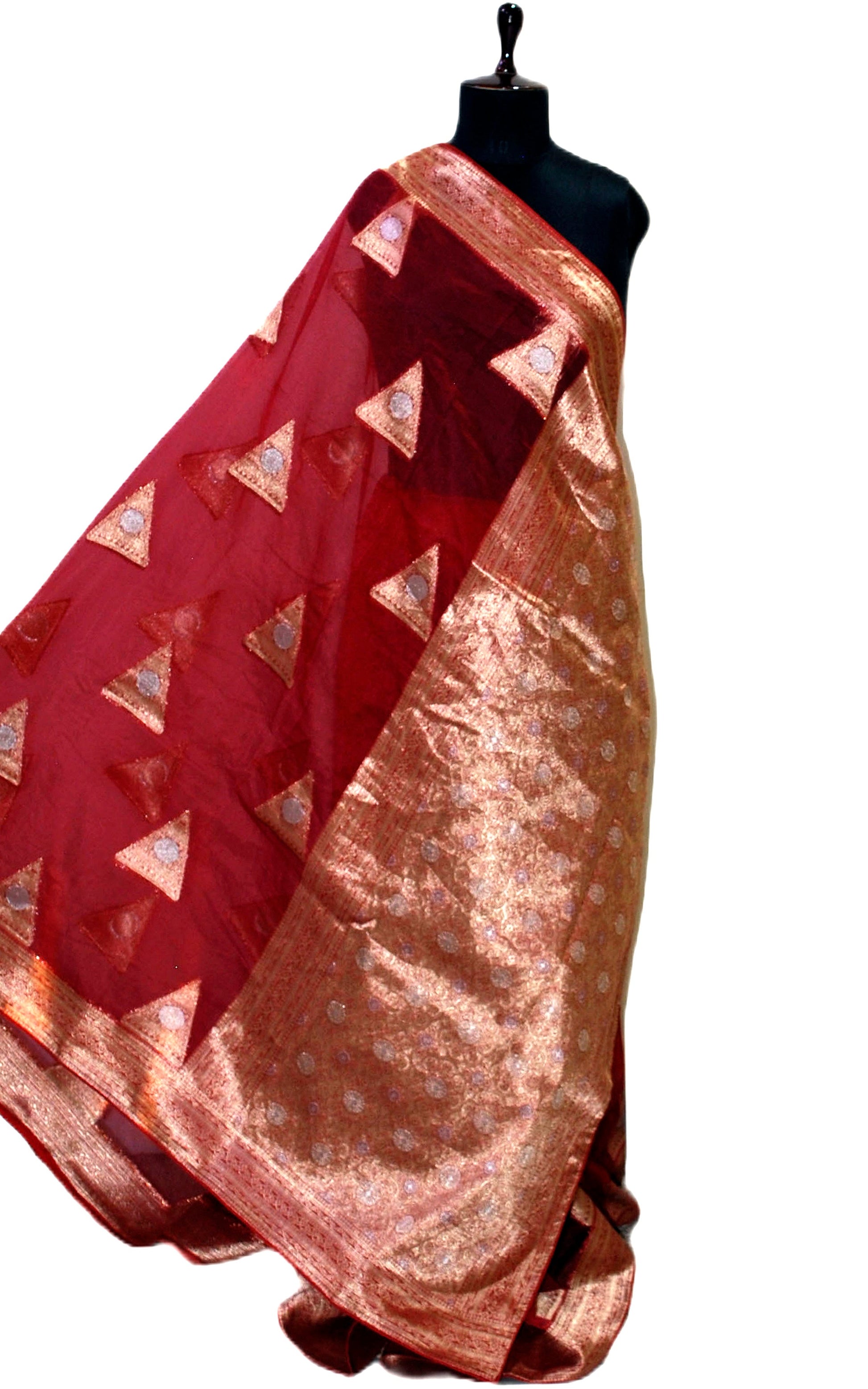 Organza Silk Banarasi Saree in Maroon, Silver and Muted Gold