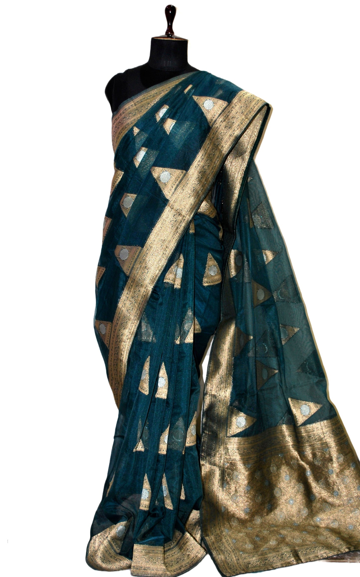 Organza Silk Banarasi Saree in Peacock Green, Silver and Muted Gold