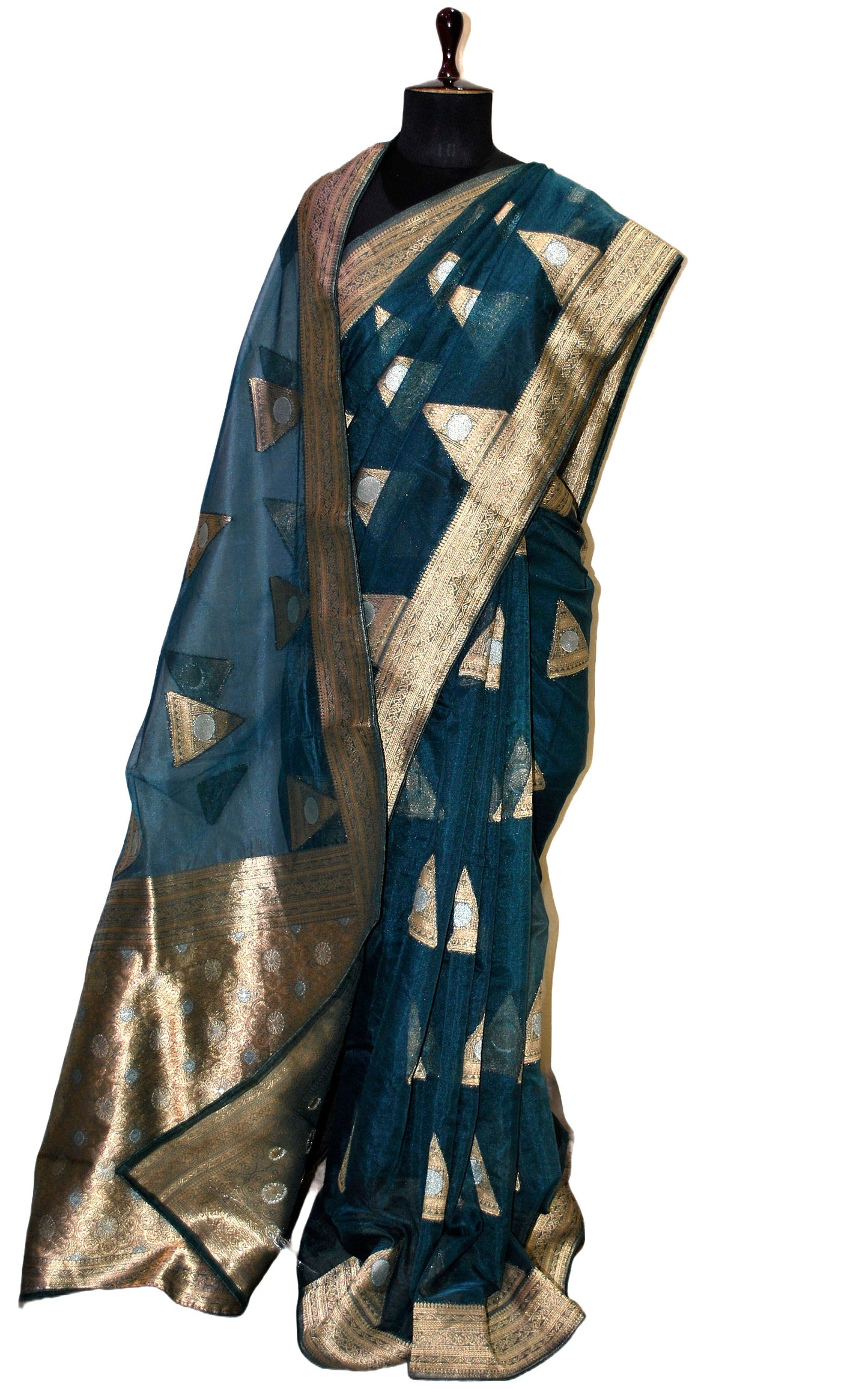 Organza Silk Banarasi Saree in Peacock Green, Silver and Muted Gold