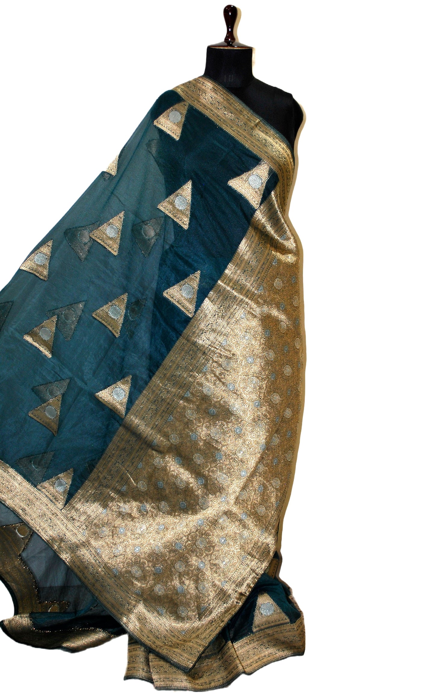 Organza Silk Banarasi Saree in Peacock Green, Silver and Muted Gold