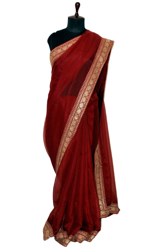 Designer Kora Organza Zardozi Silk Saree in Burgundy and Matt Gold