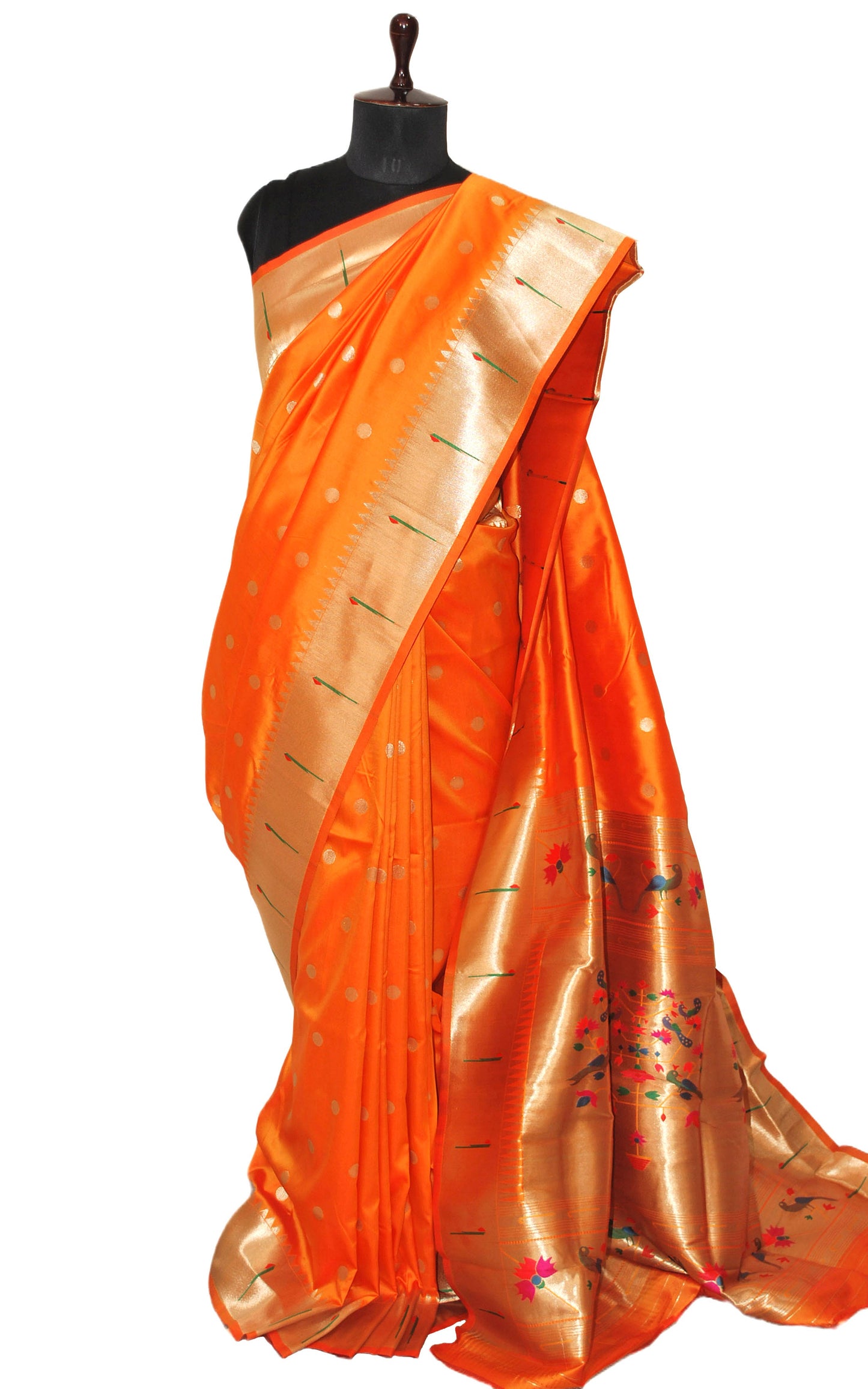 Traditional Blended Silk Paithani Sari in Peel Orange, Golden and Multicolored